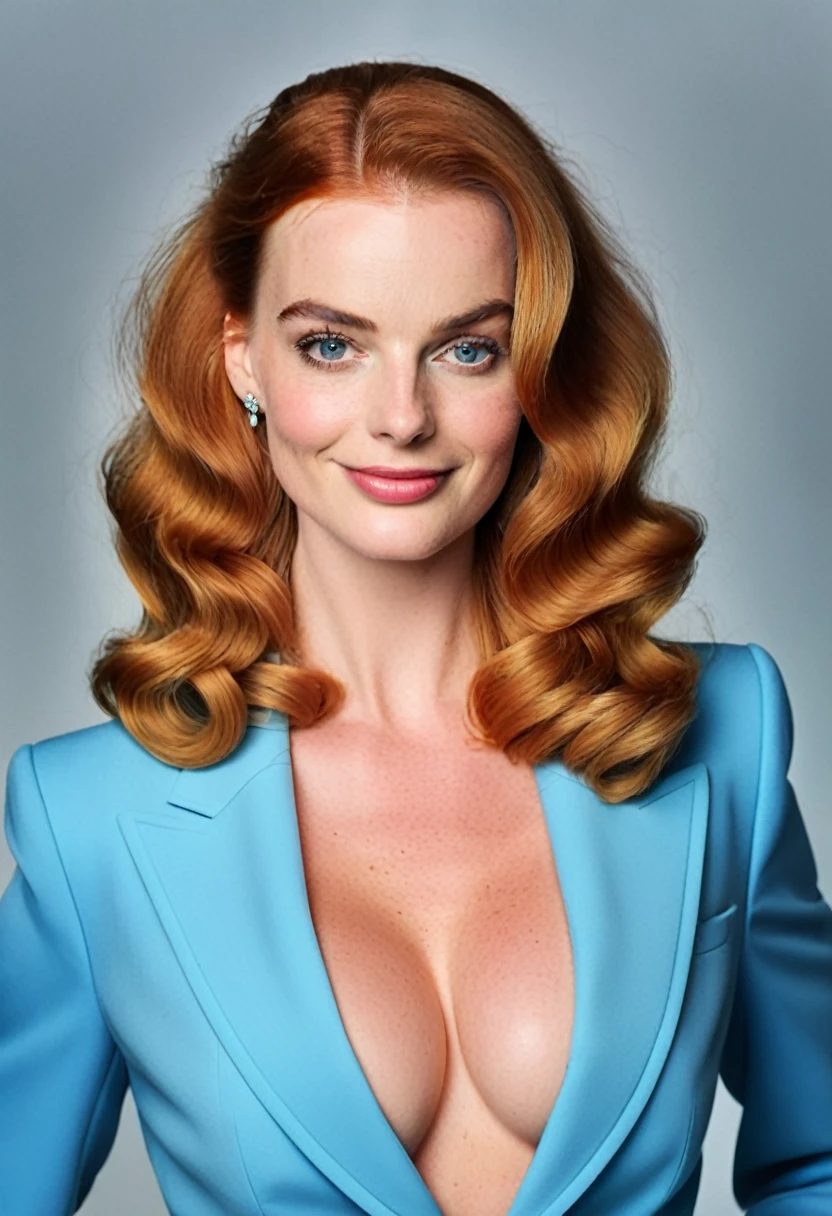 redhead, upper body portrait of ginger (margot_robbie_model:1.25) with (big breasts:1.4), (long ginger hair in an 80's blowout hairstyle:1.5), dressed in a feminine business suit with (huge_full_cleavage:1.4), wry smile, elegant, fine details, central heterochromia