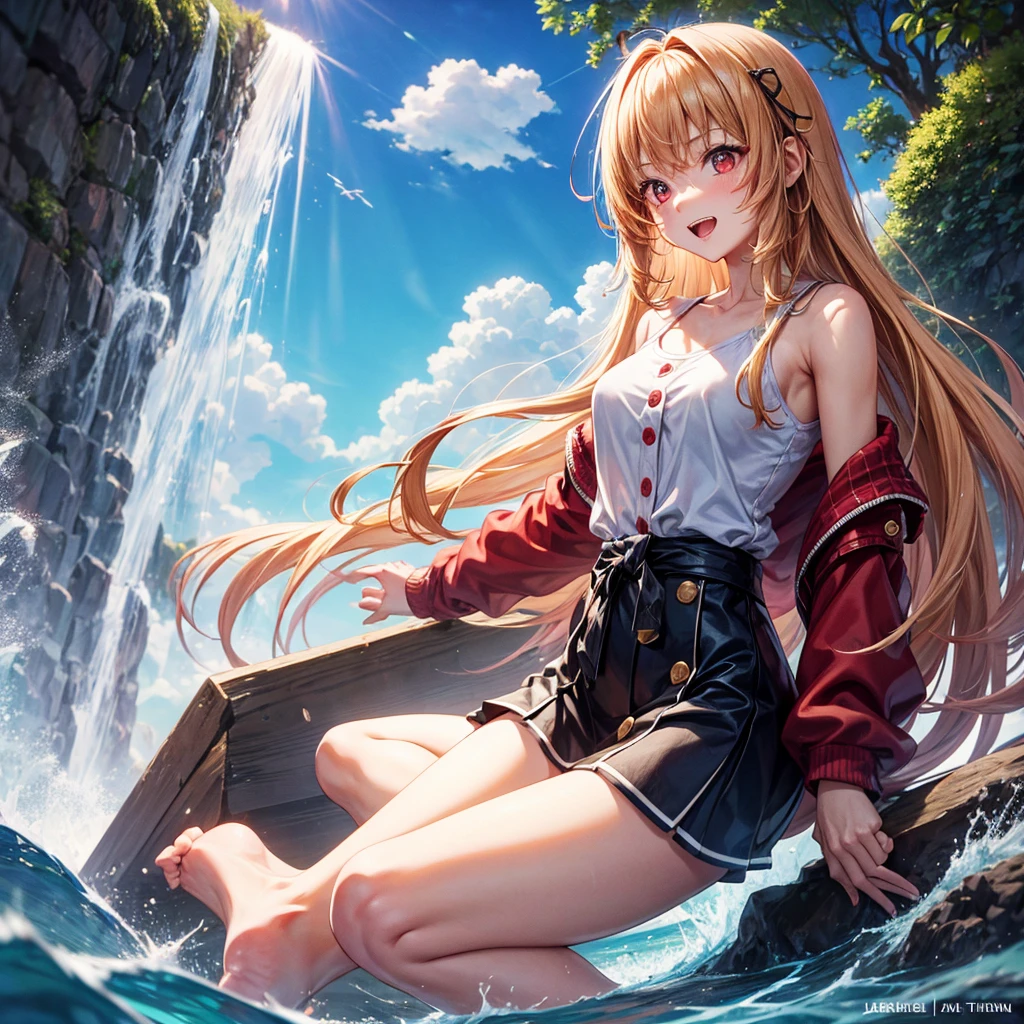 Pink gold golden hair、Red eyes、One good looking girl、solo、anime、Checkered mini skirt、The skirt has buttons、one piece、Blue camisole、White T-shirt、Jin、Wearing a ribbon、Ribbon on waist、Tilting face、Teeth are visible、waterfall、waterfallの裏側、tunnel、Sunset sky、The water surface is exploding