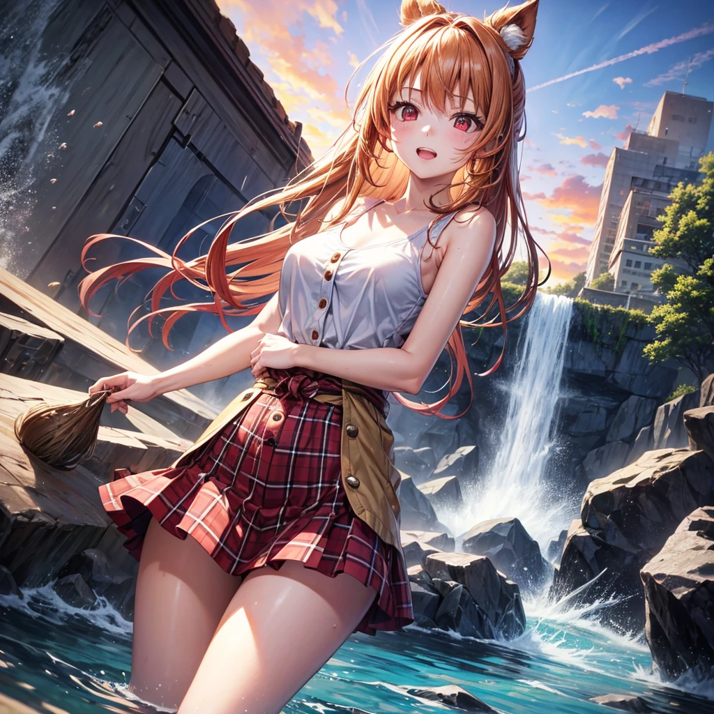 Pink gold golden hair、Red eyes、One good looking girl、solo、anime、Checkered mini skirt、The skirt has buttons、one piece、Blue camisole、White T-shirt、Jin、Wearing a ribbon、Ribbon on waist、Tilting face、Teeth are visible、waterfall、waterfallの裏側、tunnel、Sunset sky、The water surface is exploding