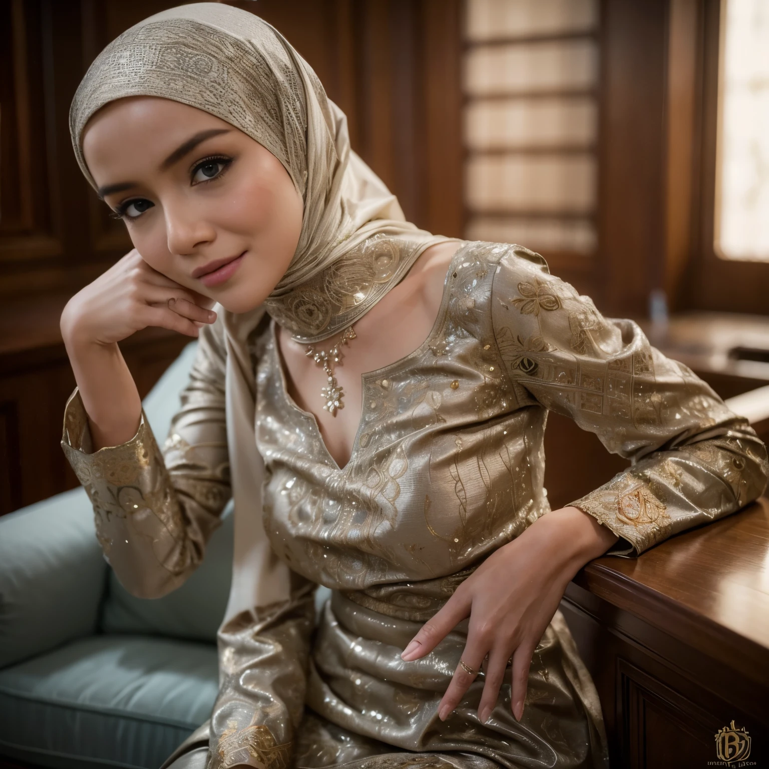 Best quality, masterpiece, realistic photos, intricate details, original photos, wearing traditional baju kurung, tight, ultra-detailed, detailed faces, detailed skins, trends on artstation, 8k masterpieces, cinematic lighting, ((1girl)), ((solo)), rounded breast, busty chest, fit  body, long hijab, half body, simple necklace