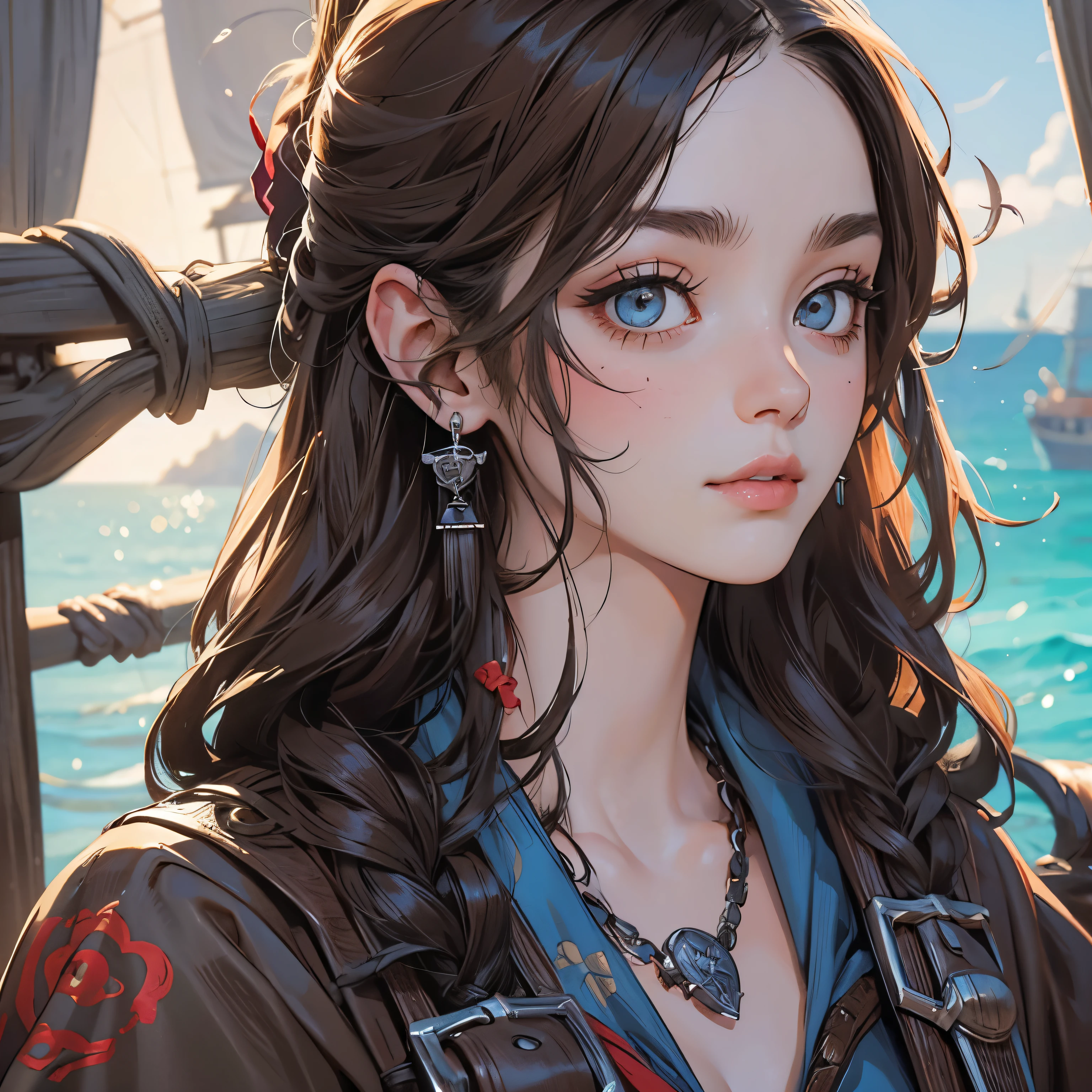 portrait,female pirate、Jack Sparrow Style、beautiful woman、fully dressed like pirate、sexy、masterpiece、highest quality、beautiful eyes
