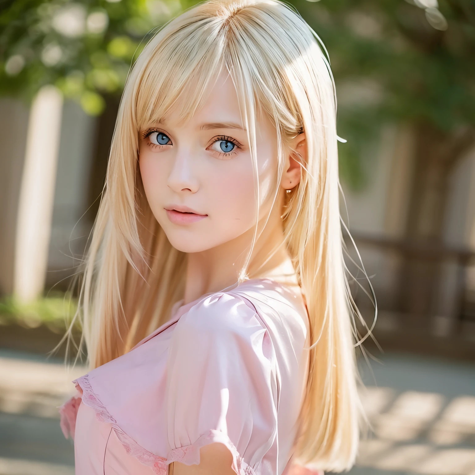 A beautiful blonde girl with keen eyes and wearing a pink dress, Images with a calm and gentle atmosphere, Anime-style images, The beautiful girl faces forward and there are no other people around.