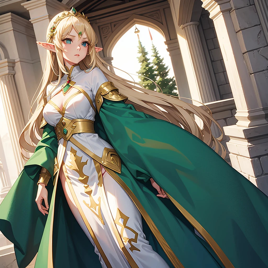 An elf woman who appears to be 37 years old, she has long straight blonde hair without bangs, she has green eyes, she has elf ears, she is a beautiful woman, she has a seductive mature face and a serious expression, she uses noble white clothes, she is inside a luxurious castle of a kingdom, Only one woman is in the image