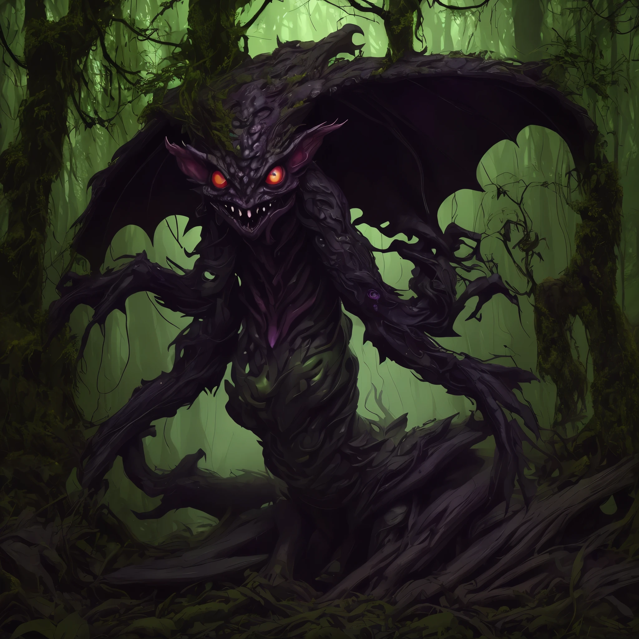 (best quality,highres:1.2),(realistic:1.37),ultra-detailed,a creepy toad,enormous in size,brightly colored,stalks through an ancient forest,tentacle tongue,thick and slimy skin,dark,ominous atmosphere,gloomy shadows,misty fog,gnarled trees,twisted branches,moss-covered rocks,dappled sunlight,unearthly glow,spooky ambiance,dense undergrowth,crunching leaves underfoot,haunting presence,unsettling silence,distant whispers,Cthulhu-like creature,mythical world,mysterious aura, Villainess