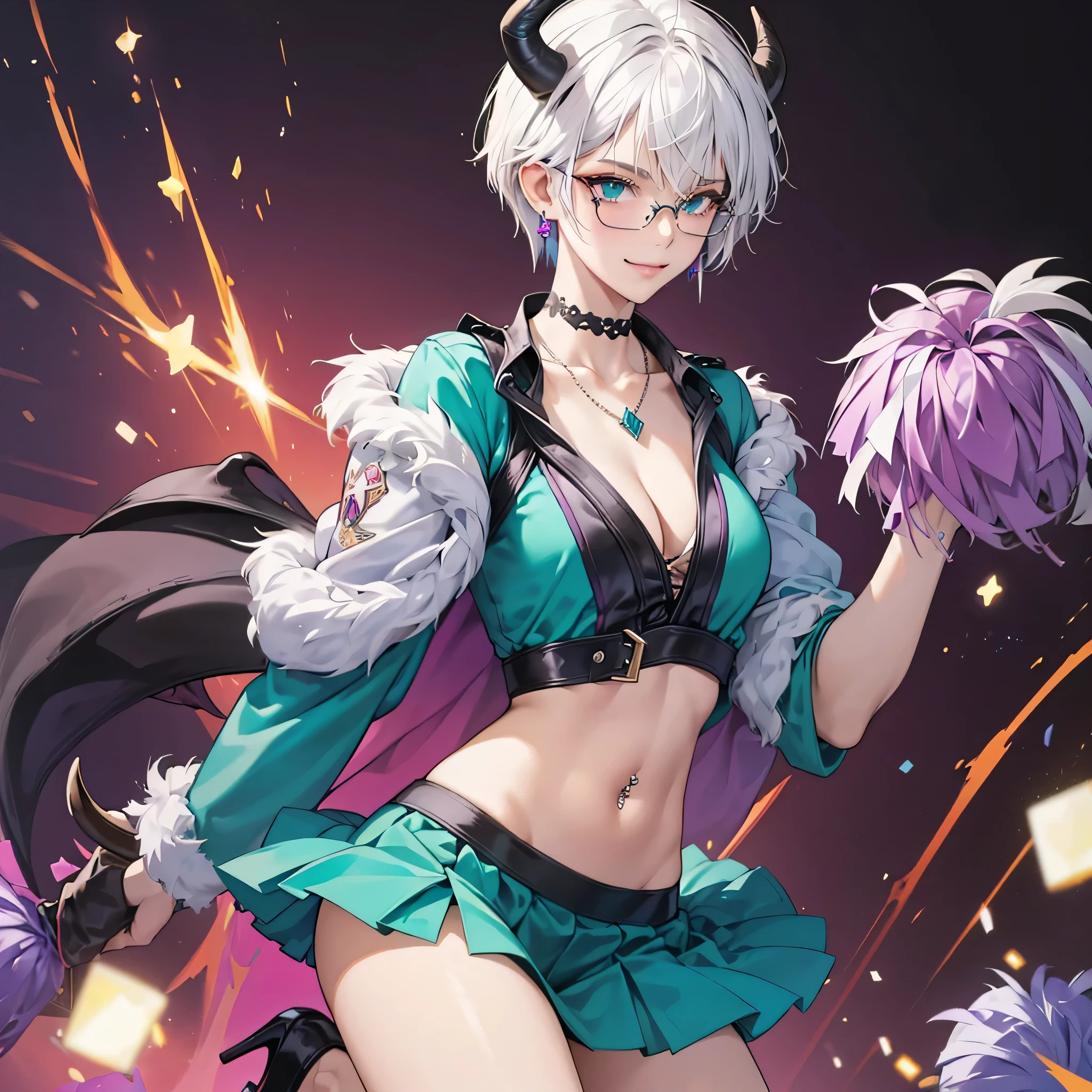 8k, masterpiece, best quality, highly detailed, 1girl, tiefling, solo, multicolored hair, very short straight hair green highlight hair on white hair, strippled hair, wearing glasses, earrings, necklace, navel piercing, collarbone, cleavage,  short skirts, high heels, mole, glamorous, teal and purple clothing, villainy, smirk, seductive pose, close ups view, rings, looking at viewer, standing, demon horns, demon tail, fantasy world, cheerleader costumes, holding pompoms 