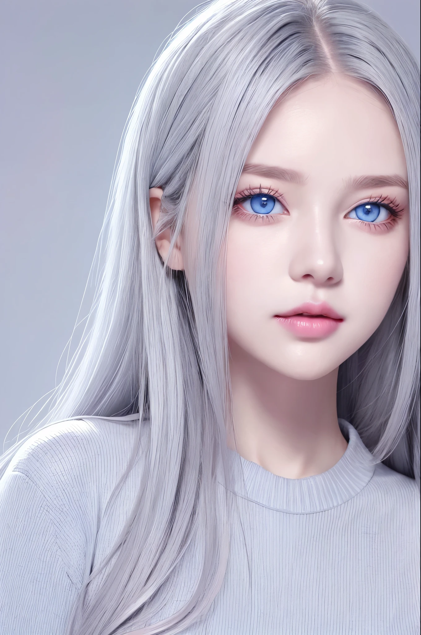 Girl, long gray hair, sky blue eyes, sharp features, white skin, pink lips, sweater