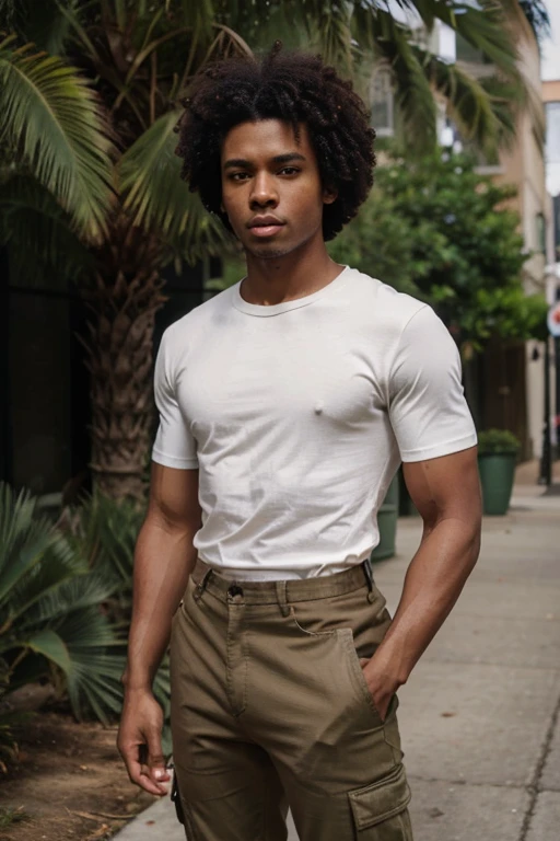 Straight brown skinned skinny man black hair afro green eyes size large skinny cargo beige manly white t-shirt