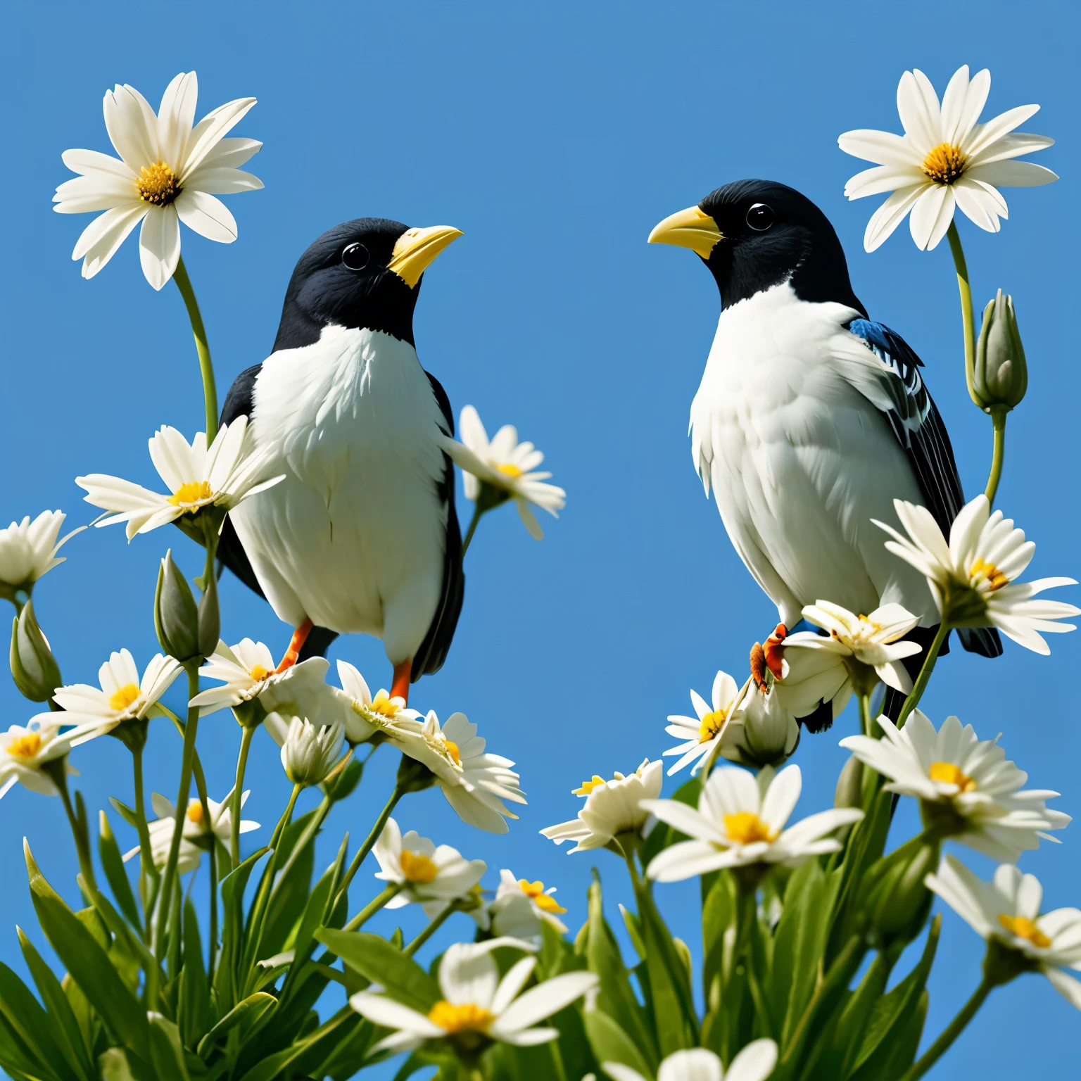 Beautiful birds standing on flowers