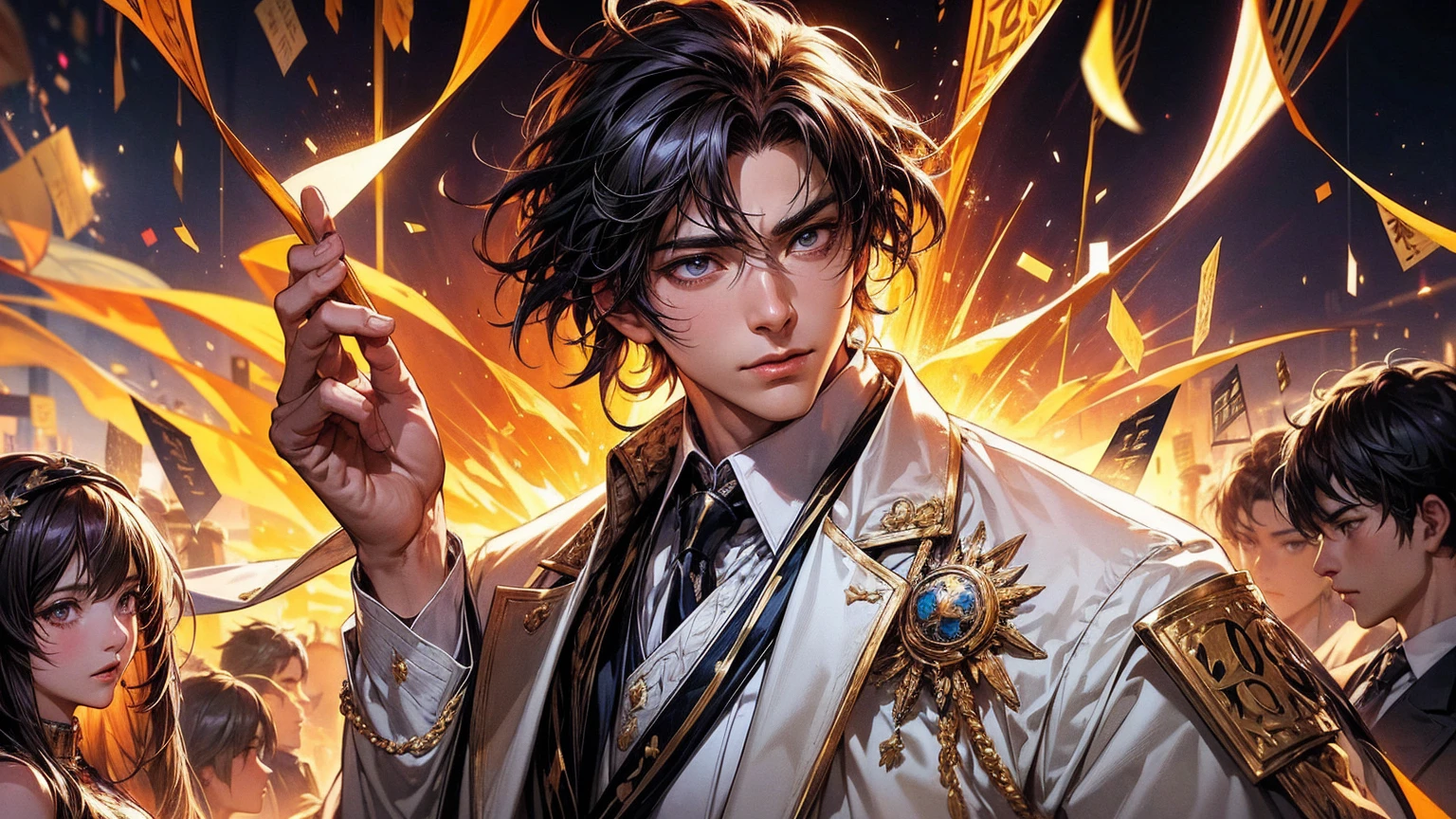 anime.Constantine the Great, Roman Emperor Constantine the Great resurrected in modern times。34 years old。one adult male。Long body。broad shoulder。thick neck。eyes like a lion。Bright and sharp eyes。Looking here。Sincere and kind。Kind and reliable。Deal with it sternly if necessary.。talented and hardworking businessman。successful gentleman。careerist。he is wearing a high quality white suit。dark purple tie。Light purple shirt。forceful。An overwhelming sense of control。romance novel hero。Bold composition。look up to。lyrical。Dramatic。heartful。Romantic。opulent。elegan。elegance。Venice background in the sunset。masterpiece。top-quality。Super beautiful。The ultra -The high-definition。detaileds。exquisite。
