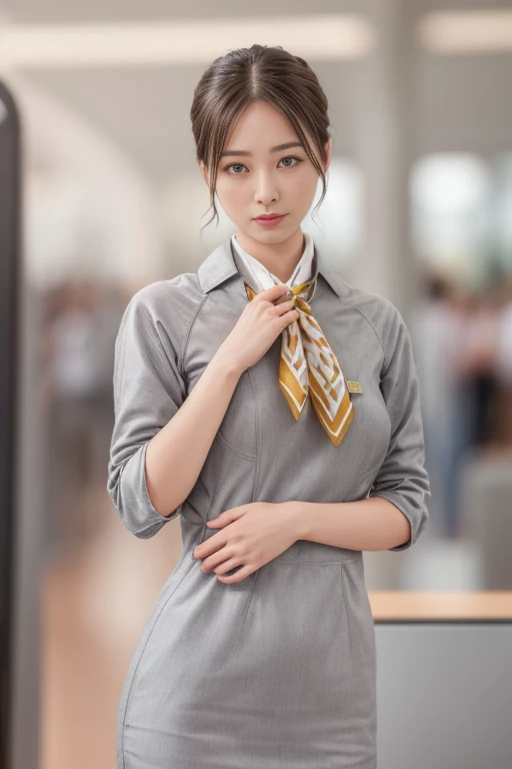 (masterpiece:1.2、highest quality:1.2)、32K HDR、High resolution、(alone、1 girl、Slim figure)、（Realistic style with Starlux Airlines uniform）、 (In the airport lounge, Professional Lighting)、（Starlux Airlines silver uniform:1.4）、（Starlux Airlines silver uniform with short sleeves）、（scarf on chest）、Big Breasts、（Long hair updo、Evening updo）、Dark brown hair、Long Shot、（（Fine hand：2.0））、（（Harmonious body proportions：1.5））、（（Normal limbs：2.0））、（（Normal finger：2.0））、（（Delicate eyes：2.0））、（（Normal eyes：2.0））)、Beautiful standing posture