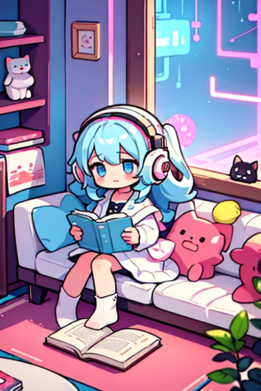 A little girl in white is sitting on the sofa and reading a book。The neon lights outside the window gently illuminate her face, her hair is fanned, and cats are walking around her. Anime style clinging to a girl wearing headphones