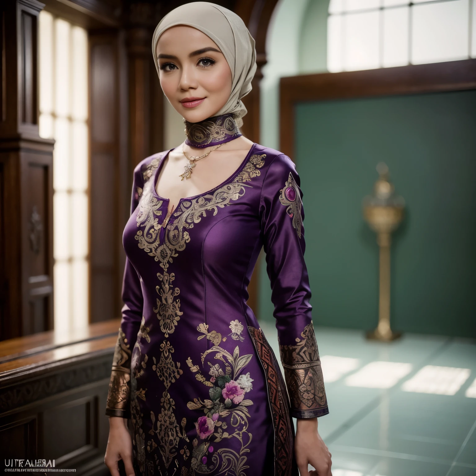 Best quality, masterpiece, realistic photos, intricate details, original photos, wearing tight traditional baju kurung, ultra-detailed, detailed faces, detailed skins, trends on artstation, 8k masterpieces, cinematic lighting, ((1girl)), ((solo)), rounded breast, busty chest, fit  body, long hijab, half body, simple necklace