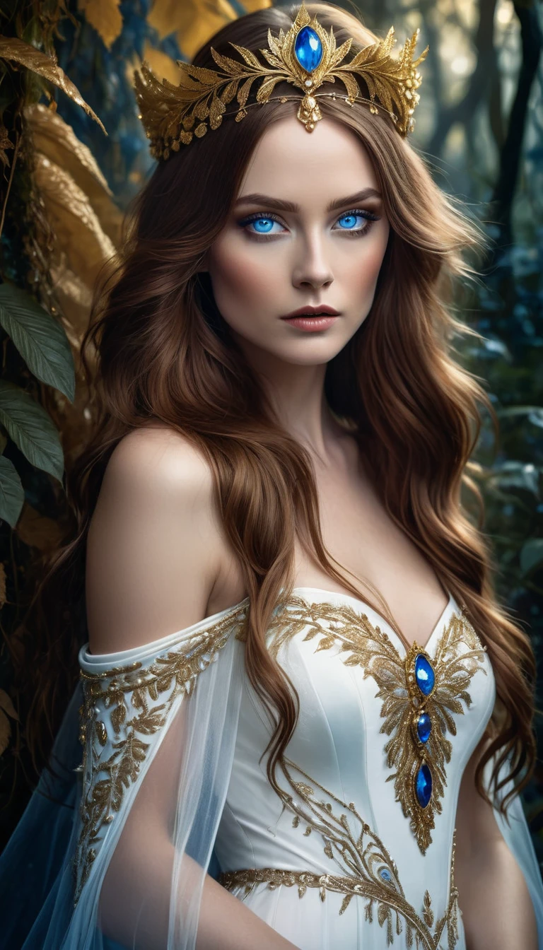 A captivating dark fantasy portrait of a woman with long, chestnut hair and striking blue eyes. She wears a stunning white gown adorned with intricate golden details, and her hair is styled with a cascading fringe. A golden diadem rests upon her head, adding a regal touch. The background is filled with eerie, gothic vegetation that surrounds her, creating a mysterious and enchanting atmosphere., dark fantasy