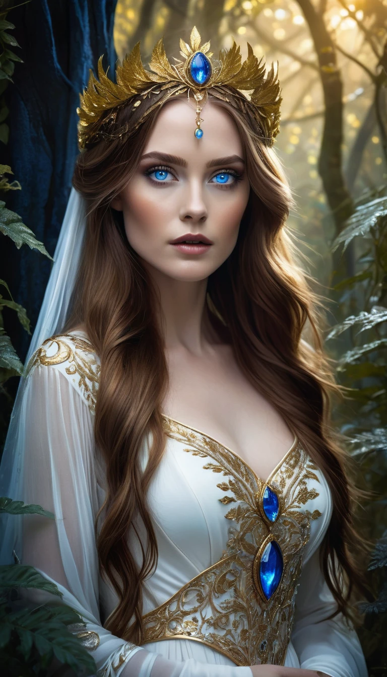 A captivating dark fantasy portrait of a woman with long, chestnut hair and striking blue eyes. She wears a stunning white gown adorned with intricate golden details, and her hair is styled with a cascading fringe. A golden diadem rests upon her head, adding a regal touch. The background is filled with eerie, gothic vegetation that surrounds her, creating a mysterious and enchanting atmosphere., dark fantasy