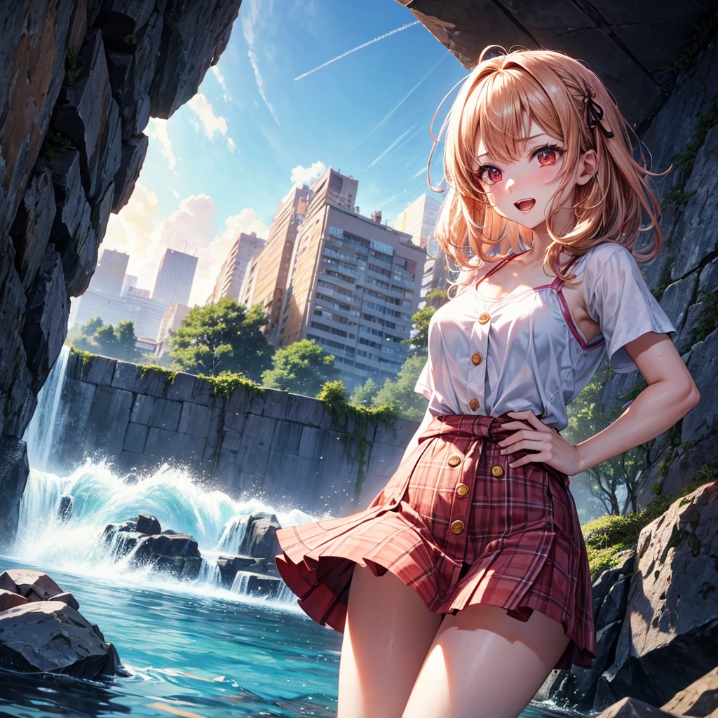 Pink gold golden hair、Red eyes、One good looking girl、solo、anime、Checkered mini skirt、The skirt has buttons、one piece、Blue camisole、White T-shirt、Jin、Wearing a ribbon、Ribbon on waist、Tilting face、Teeth are visible、waterfall、waterfallの裏側、tunnel、Sunset sky、The water surface is exploding、The rocks are exploding