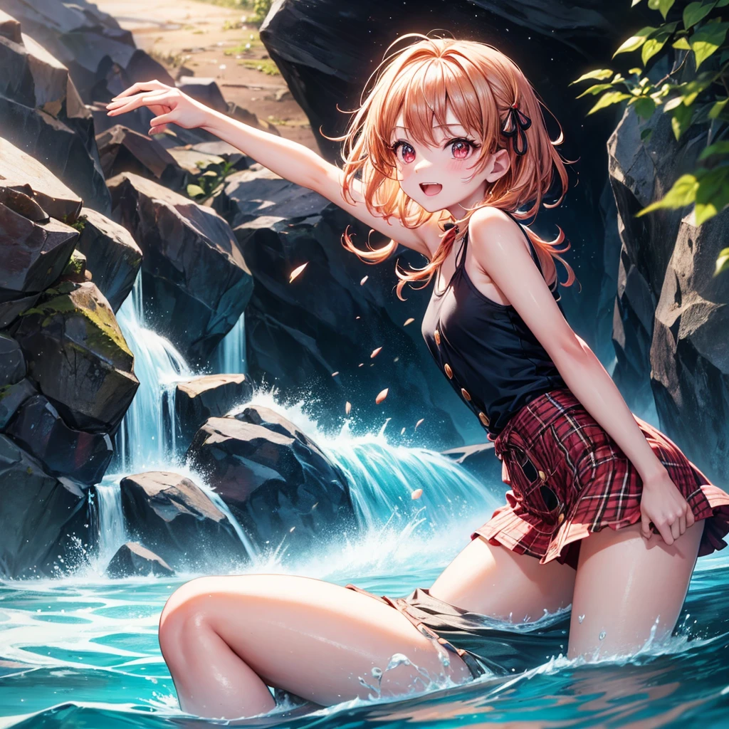 Pink gold golden hair、Red eyes、One good looking girl、solo、anime、Checkered mini skirt、The skirt has buttons、one piece、Blue camisole、White T-shirt、Jin、Wearing a ribbon、Ribbon on waist、Tilting face、Teeth are visible、waterfall、waterfallの裏側、tunnel、Sunset sky、The water surface is exploding、The rocks are exploding