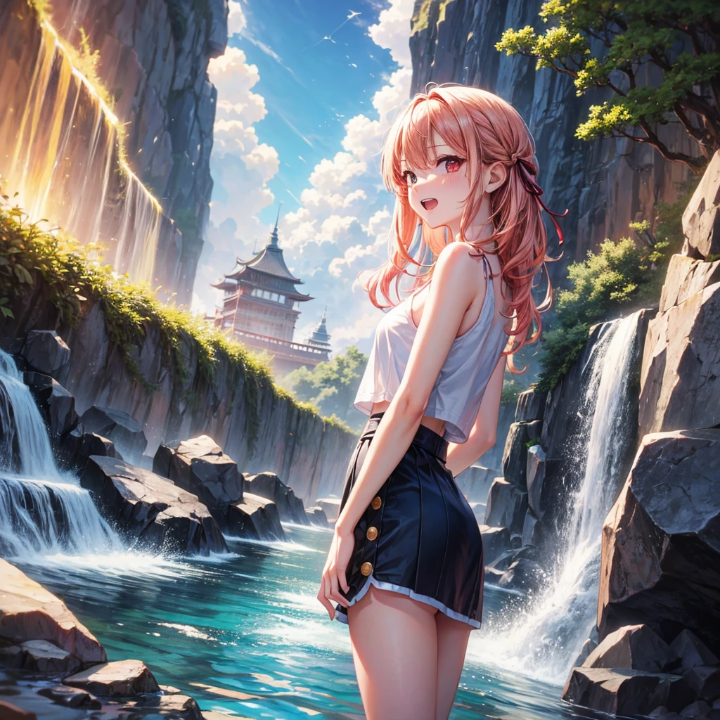 Pink gold golden hair、Red eyes、One good looking girl、solo、anime、Checkered mini skirt、The skirt has buttons、one piece、Blue camisole、White T-shirt、Jin、Wearing a ribbon、Ribbon on waist、Tilting face、Teeth are visible、waterfall、waterfallの裏側、tunnel、Sunset sky、The water surface is exploding、The rocks are exploding