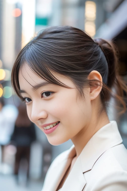 Tabletop,(Ultra HD),Japanese Girls,A delicate face during lunch,Delicate skin,Delicate nose,Delicate lips,Delicate Hair,Beautiful Face,Viewer facing angle,laugh and enjoy,Stylish cafe,Beautiful cityscape,Smooth medium-long chignon,Delicate eyes(Vivid eyes),Gray business suit,Around 24 years old,Good weather,Professional Lighting,