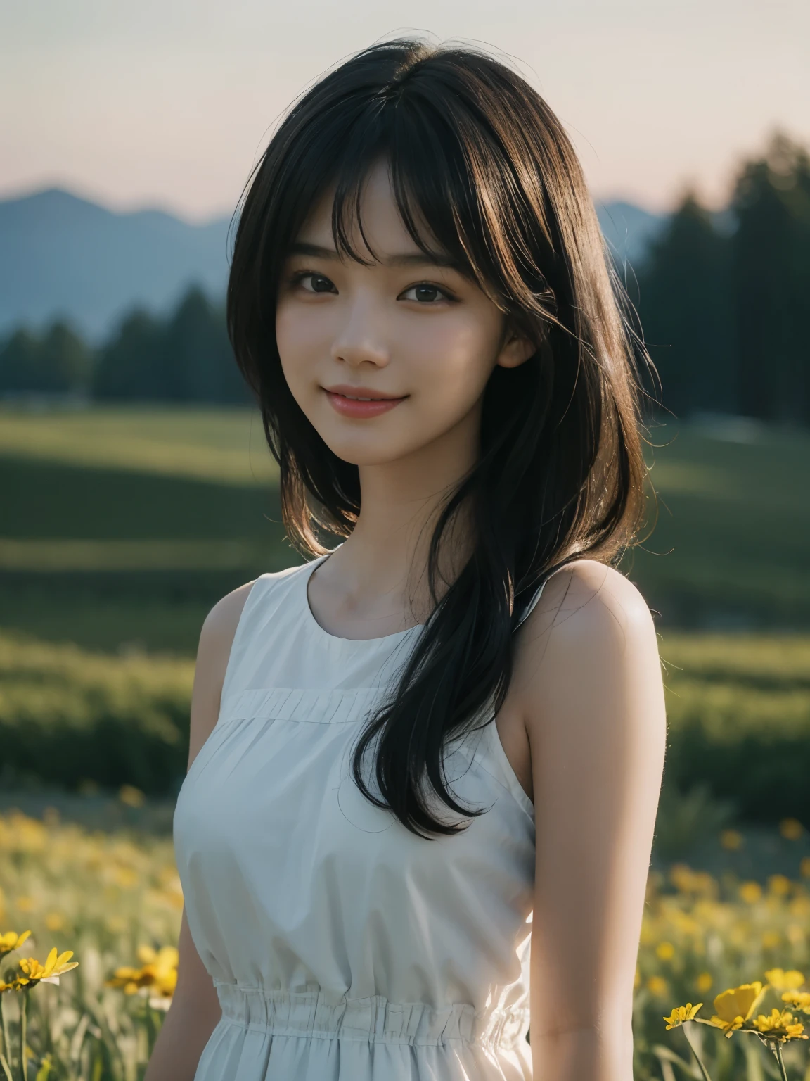 (ultra realistic), (best illustration), (increase resolution), (8K), (masterpiece), (wallpaper), solo, 1 girl, looking at viewers, black straight hair, in the dark, deep shadow, low key, pureerosfaceace_v1, happy smile, colorful dress, meadow