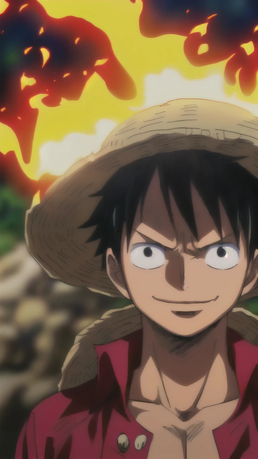1boy, wanostyle, monkey d luffy, smiling, straw hat, looking at viewer, solo, upper body, ((masterpiece)), (best quality), (extremely detailed), depth of field, sketch, dark intense shadows, sharp focus, soft lighting, hdr, colorful, good composition, fire all around, spectacular, closed shirt, anime screencap, scar under eye, ready to fight, black eyes (brokeh effects ,firefiles)(shinning effect)