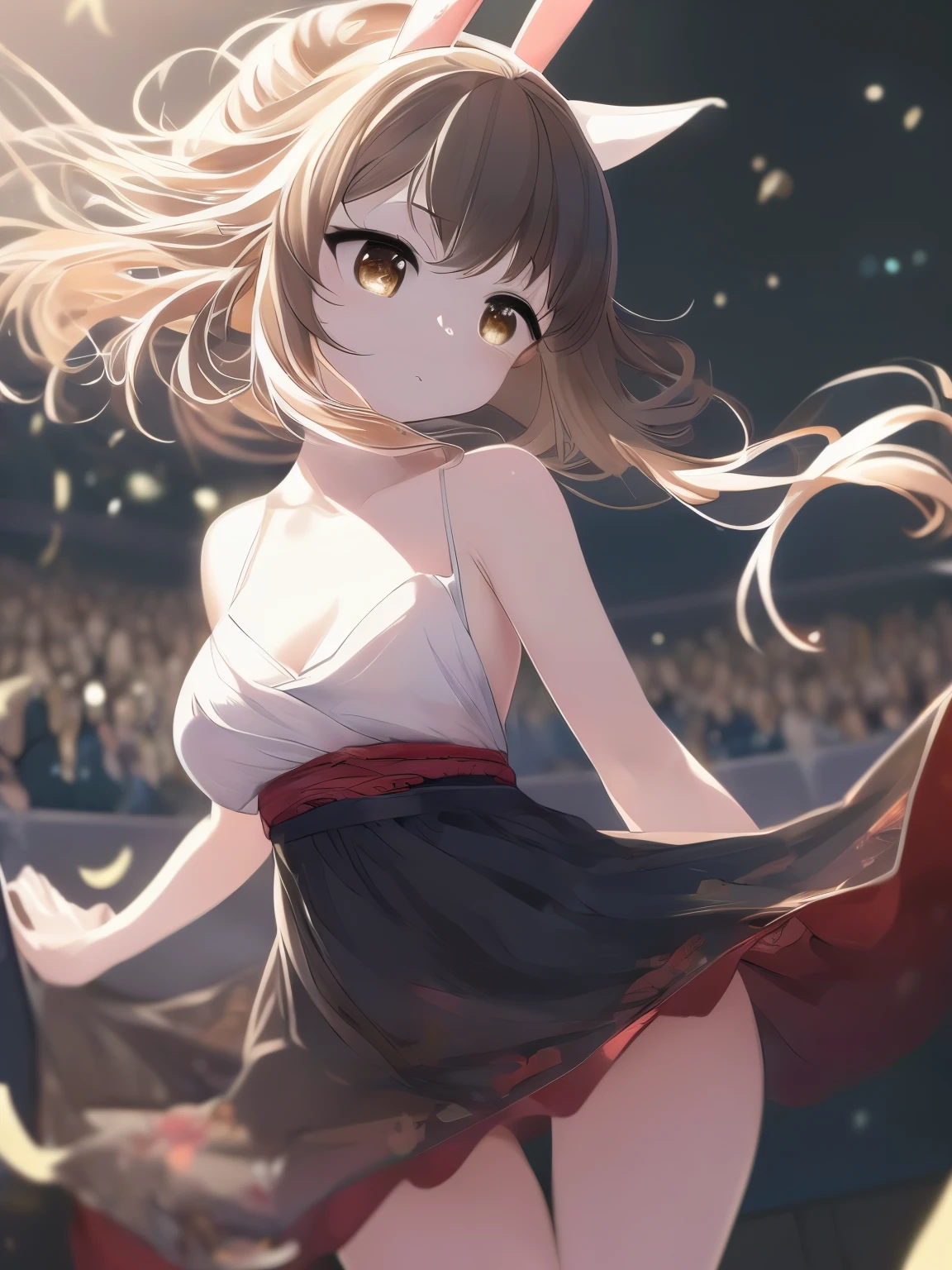 (Tabletop.highest quality).(Dynamic Low Angle、Hair blowing in the wind、Fluttering Dress、beautiful spotlight). (CG paintings with impressive detail),(A perfect image).(Idol Live、Idol Song、Proud of the costume、Presenting to the audience)、Comic Strip.shape.1 girl.Detailed face、Kirara Jump、Perfect body.(Child body type、Small breasts、Thin chest)、Beautiful thighs、Beautiful belly、Perfect Face.Delicate face、Raise your arms、Proudly、Pull your chin in、Traditional jewelry decoration、A girl wearing a shining, luxurious idol dress、Overexposure、(Beautiful fashion that shows off belly and bare legs)、Breast flash、Rough skin、Long Hair、(Bunny ear girl)Bunny ear girl、((Beautiful brown eyes)).Delicate and beautiful eyes、Beautiful eyes with light、Shiny Hair、Reflected Eyes、Embarrassingly.(Looking at the audience:1.3).(Red face:1)、8k wallpaper、Bold full shot、reflected light、Most detailed、Complex、Delicate background、Rough skin、Fine skin、(Super Resolution)、mini skirt、Chirarizum、(whole body、美しいwhole body像、 body type)