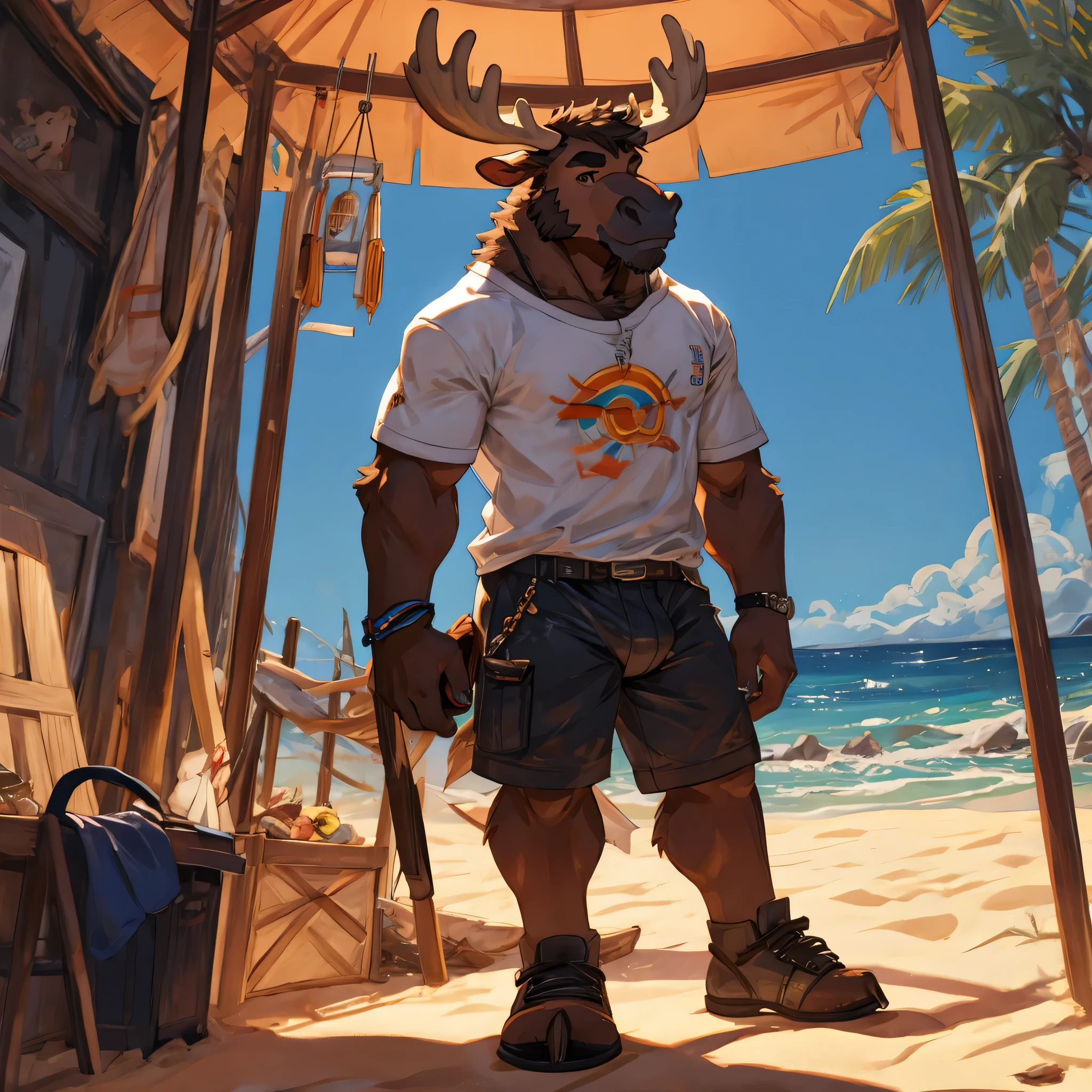 Solo, male, moose, , young, tall, lean, full-body view, beach, wearing only shorts and t-shirt, big bulge