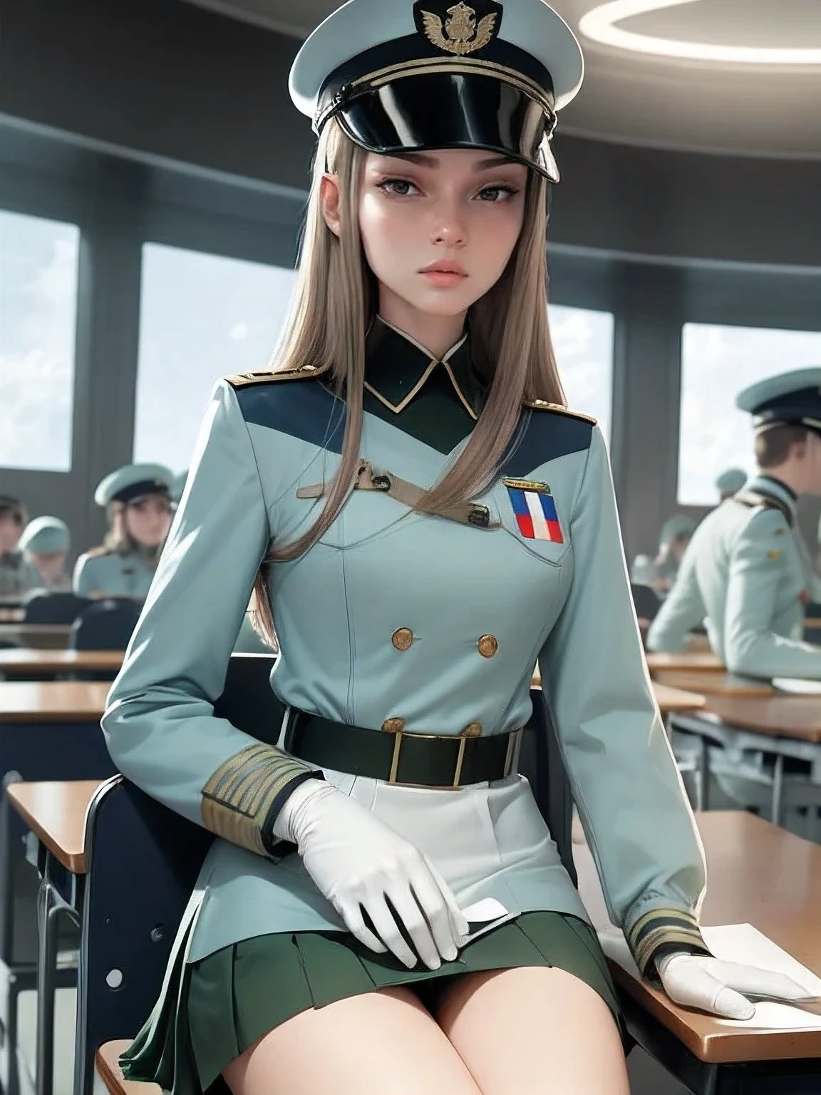 superflat, flat shading, flat colors, (masterpiece:1.2, best quality), (closeup), 2women, teen, slim, (white military outfit), pleated skirt, military hat, space cadet, sitting by desk, in classroom, put head on hand, bored, classmates in background, (spaceship interiors), futuristic, cosmos, watercolor
