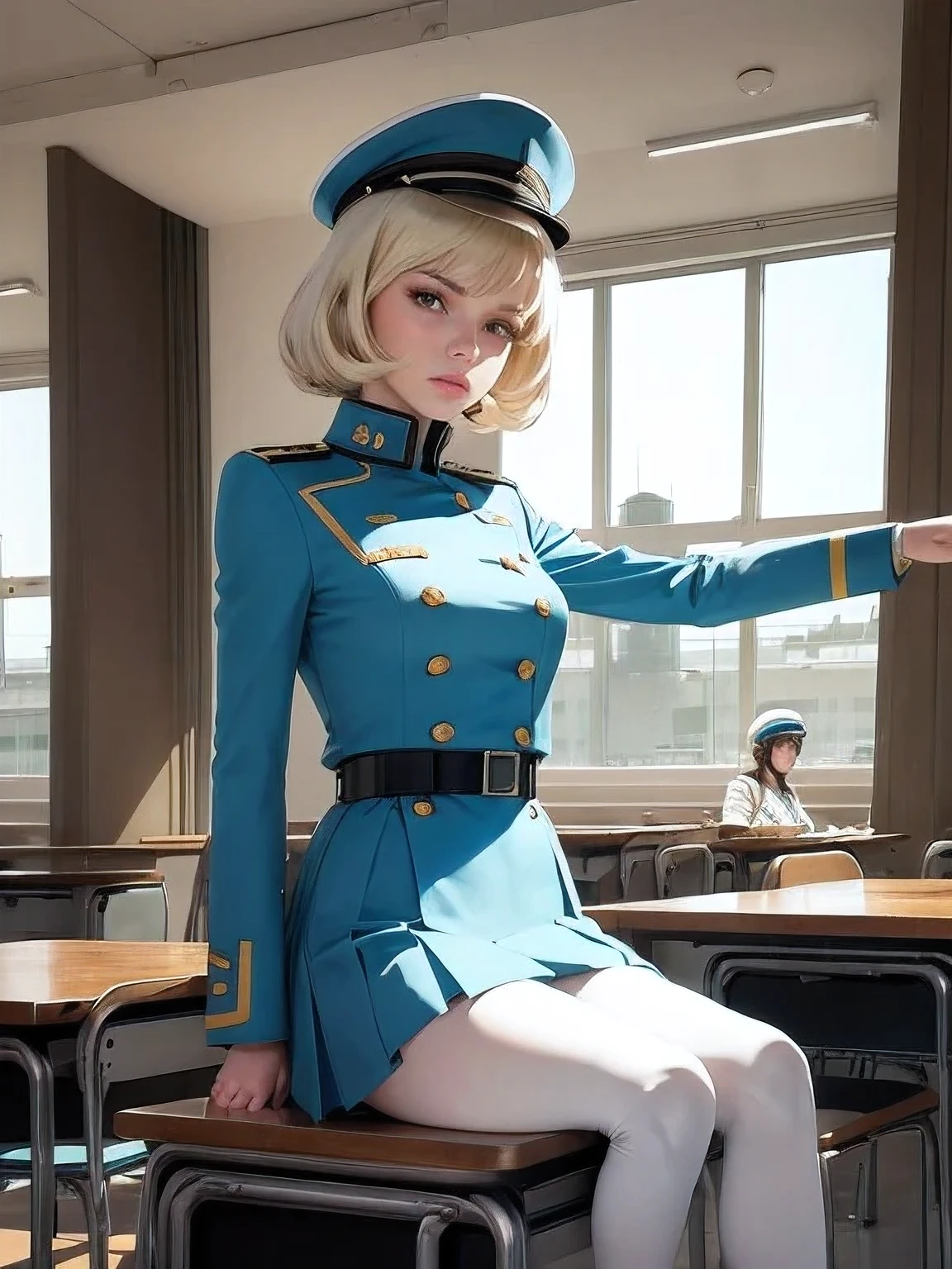superflat, flat shading, flat colors, (masterpiece:1.2, best quality), (closeup), 2women, , slim, (white military outfit), pleated skirt, military hat, space cadet, sitting by desk, in classroom, put head on hand, bored, classmates in background, (spaceship interiors), futuristic, cosmos, watercolor