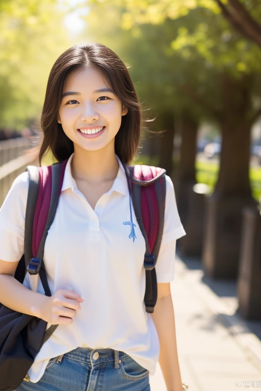 8k、Best image quality、smile、masterpiece、spring、Short strokes、Small breasts、爽やかなsmile、Female college student、Dimples、springの新作ワンピース、Clear system、Go to university、rucksack