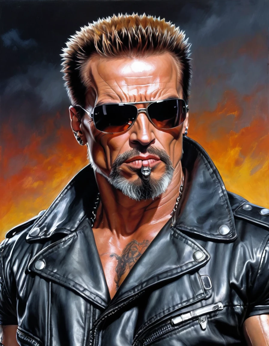 (((26 years old fit and burly body builder short bearded Punk Rock Terminator Cyborg))) [Arnold Schwarzenegger:Billy Idol:0.45] a scar in his forehead revealing shining metallic skull, with his iconic hairstyle and spiked leather jacket, raises his fist to the sky to show his rebellion to the world, dystopian scene in background, ultra sharp and crisp, oil on canvas painting in Don Lawrence art style