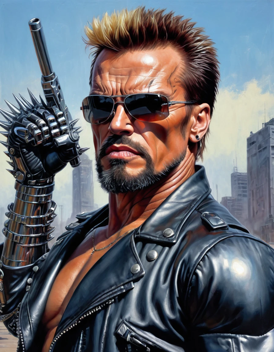 (((26 years old fit and burly body builder short bearded Punk Rock Terminator Cyborg))) [Arnold Schwarzenegger:Billy Idol:0.45] a scar in his forehead revealing shining metallic skull, with his iconic hairstyle and spiked leather jacket, raises his fist to the sky to show his rebellion to the world, dystopian scene in background, ultra sharp and crisp, oil on canvas painting in Don Lawrence art style