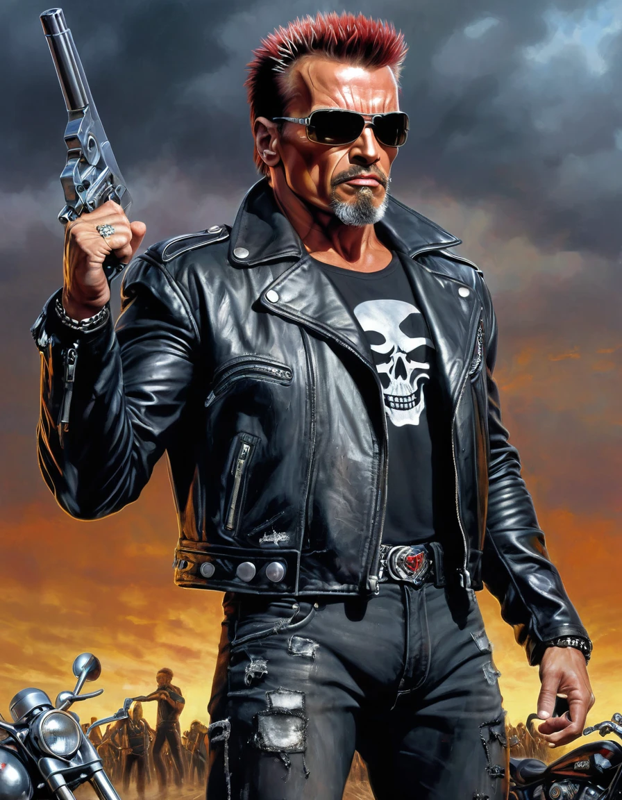 (((26 years old fit and burly body builder short bearded Punk Rock Terminator Cyborg))) [Arnold Schwarzenegger:Billy Idol:0.45] a scar in his forehead revealing shining metallic skull, with his iconic hairstyle and spiked leather jacket, raises his fist to the sky to show his rebellion to the world, dystopian scene in background, ultra sharp and crisp, oil on canvas painting in Don Lawrence art style