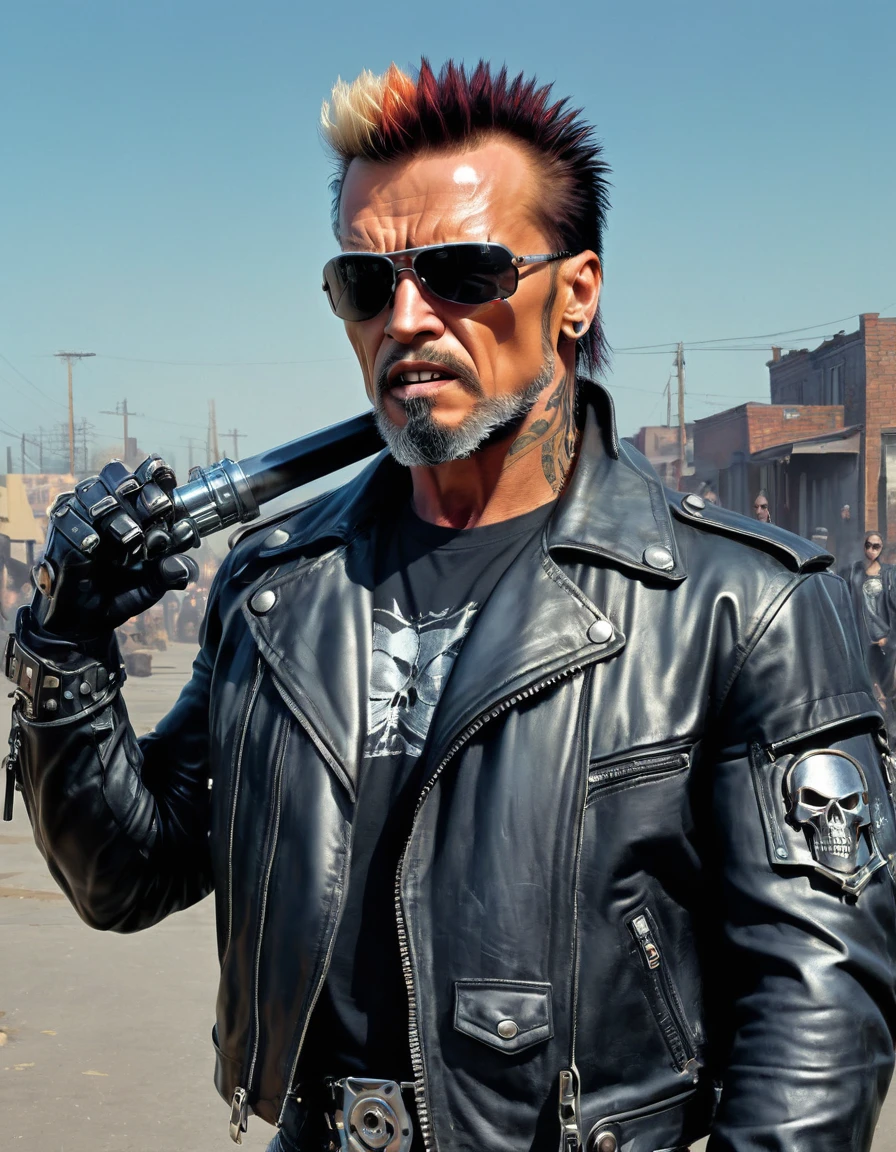 (((26 years old fit and burly body builder short bearded Punk Rock Terminator Cyborg))) [Arnold Schwarzenegger:Billy Idol:0.45] a scar in his forehead revealing shining metallic skull, with his iconic hairstyle and spiked leather jacket, raises his fist to the sky to show his rebellion to the world, dystopian scene in background, ultra sharp and crisp, oil on canvas painting in Don Lawrence art style