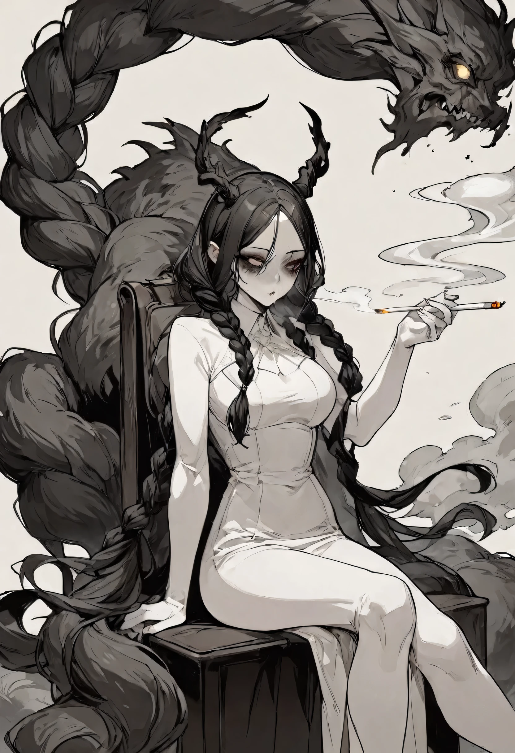 Woman, long black braids, dark dark circles, dead eyes, high quality, white skin, sitting on a chair, smoking a cigarette and wafting smoke, accompanied by a smoke beast, low saturation, illustration, thin lines , fine details,