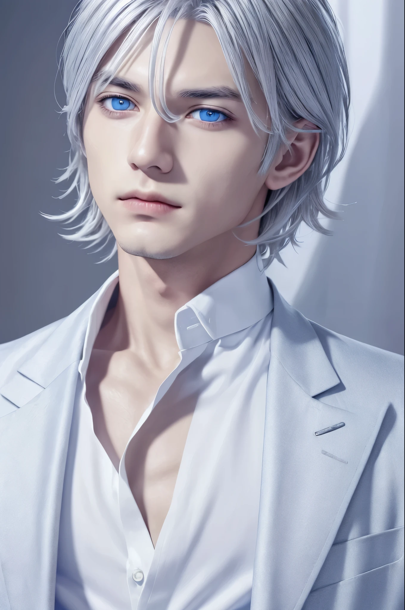Boy, silver hair, blue eyes, serious sharp features, white skin, shirt, jacket