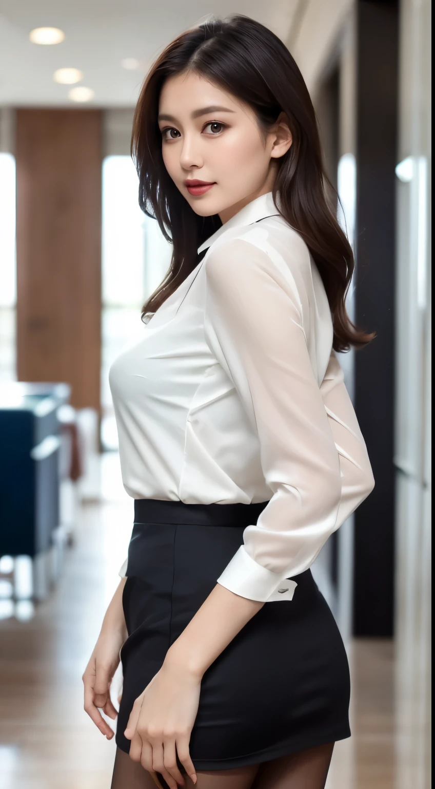 ulzzang-6500-v1.1, (RAW Photos:1.2), (Photorealistic), (Genuine:1.4), (Mastepiece), masterpiece, Absurd, The finer details, High resolution, Highly detailed face and eyes, Photorealistic, A beautiful and seductive mature elite secretary in a luxurious silk blouse、40 years、height 154cm、Well-proportioned body type、Hourglass illustration、Skirt and thighs、Walking the hallway、Office Clothes, (Ultra-realistic pantyhose:1.3)、Working in the office、Wearing a satin blouse, Ultra-thin fabric、Smooth、See-through fabric、Wear high-quality high heels、 Blouse Girl, Wearing an elegant blouse, Wearing a very thin blouse, Businesswoman, Blouse and skirt, Wearing a silk blouse, Wear a shirt and skirt, Japanese Goddess、Glowing Skin、looked back、Exposed thighs!!!,