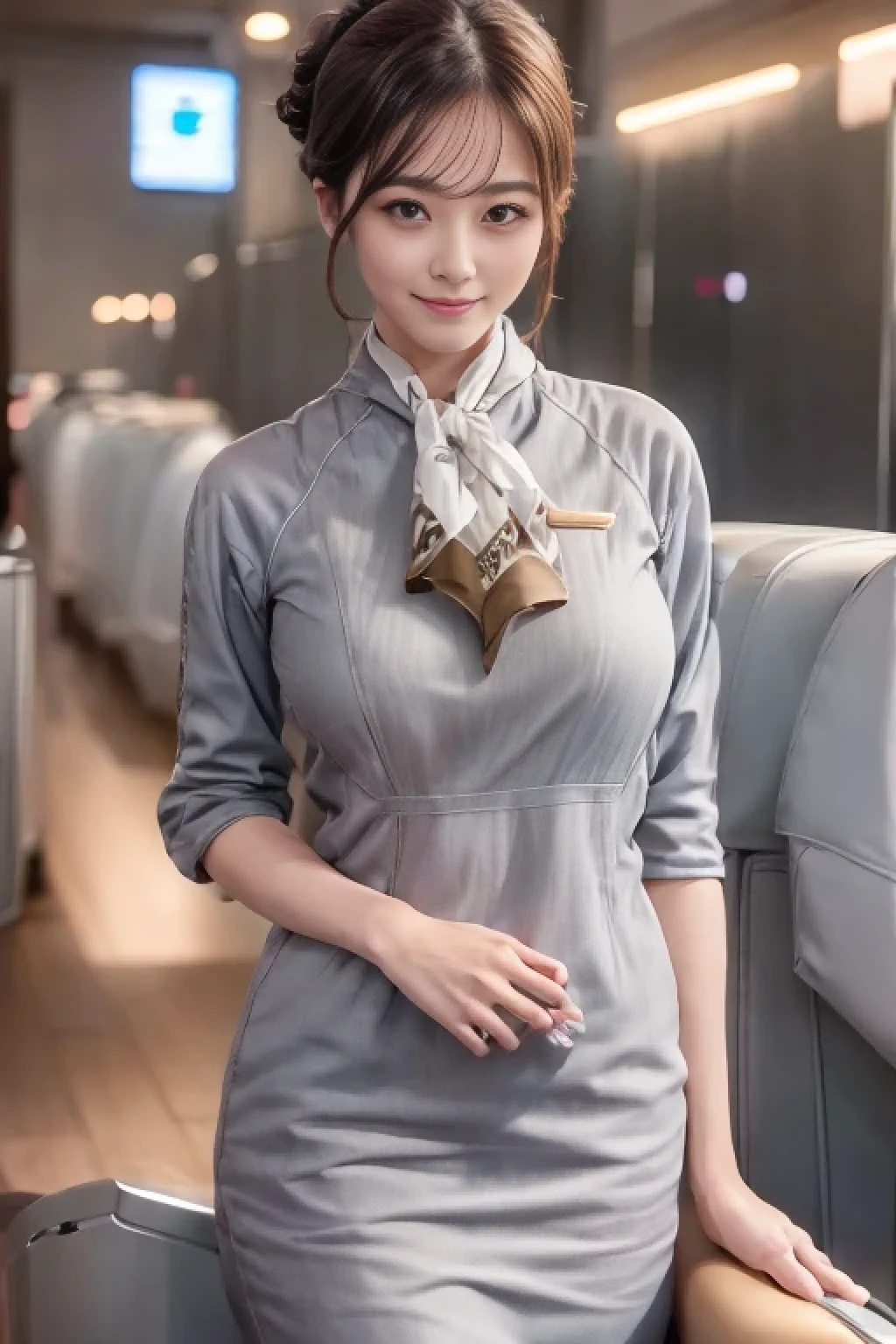 (masterpiece:1.2、highest quality:1.2)、32K HDR、High resolution、(alone、1 girl、Slim figure)、（Realistic style with Starlux Airlines uniform）、 (In the airport lounge, Professional Lighting)、（Starlux Airlines silver uniform:1.4）、（Starlux Airlines silver uniform with short sleeves）、（scarf on chest）、Big Breasts、（Long hair updo、Evening updo）、Dark brown hair、Long Shot、（（Fine hand：2.0））、（（Harmonious body proportions：1.5））、（（Normal limbs：2.0））、（（Normal finger：2.0））、（（Delicate eyes：2.0））、（（Normal eyes：2.0））)、Beautiful standing posture