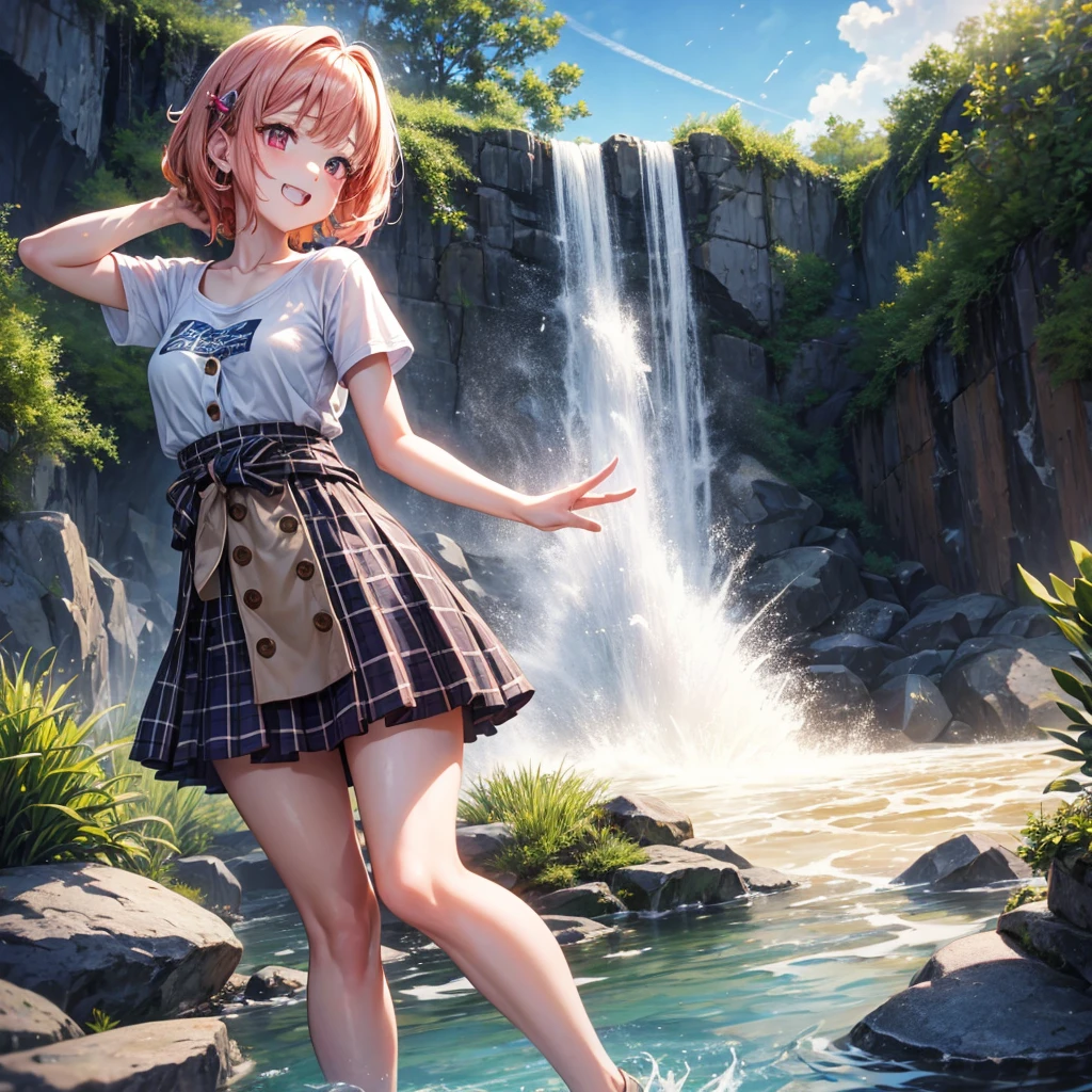 Pink gold golden hair、Red eyes、One good looking girl、solo、anime、Checkered mini skirt、The skirt has buttons、one piece、Blue camisole、White T-shirt、Jin、Wearing a ribbon、Ribbon on waist、Tilting face、Teeth are visible、waterfall、waterfallの裏側、tunnel、Sunset sky、The water surface is exploding、The rocks are exploding