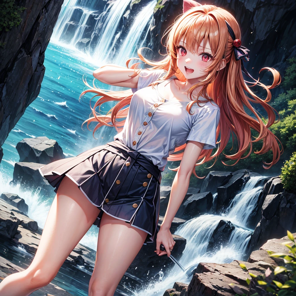 Pink gold golden hair、Red eyes、One good looking girl、solo、anime、Checkered mini skirt、The skirt has buttons、one piece、Blue camisole、White T-shirt、Jin、Wearing a ribbon、Ribbon on waist、Tilting face、Teeth are visible、waterfall、waterfallの裏側、tunnel、Sunset sky、The water surface is exploding、The rocks are exploding