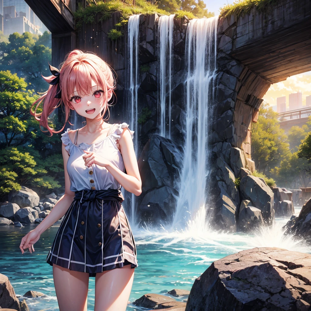 Pink gold golden hair、Red eyes、One good looking girl、solo、anime、Checkered mini skirt、The skirt has buttons、one piece、Blue camisole、White T-shirt、Jin、Wearing a ribbon、Ribbon on waist、Tilting face、Teeth are visible、waterfall、waterfallの裏側、tunnel、Sunset sky、The water surface is exploding、The rocks are exploding