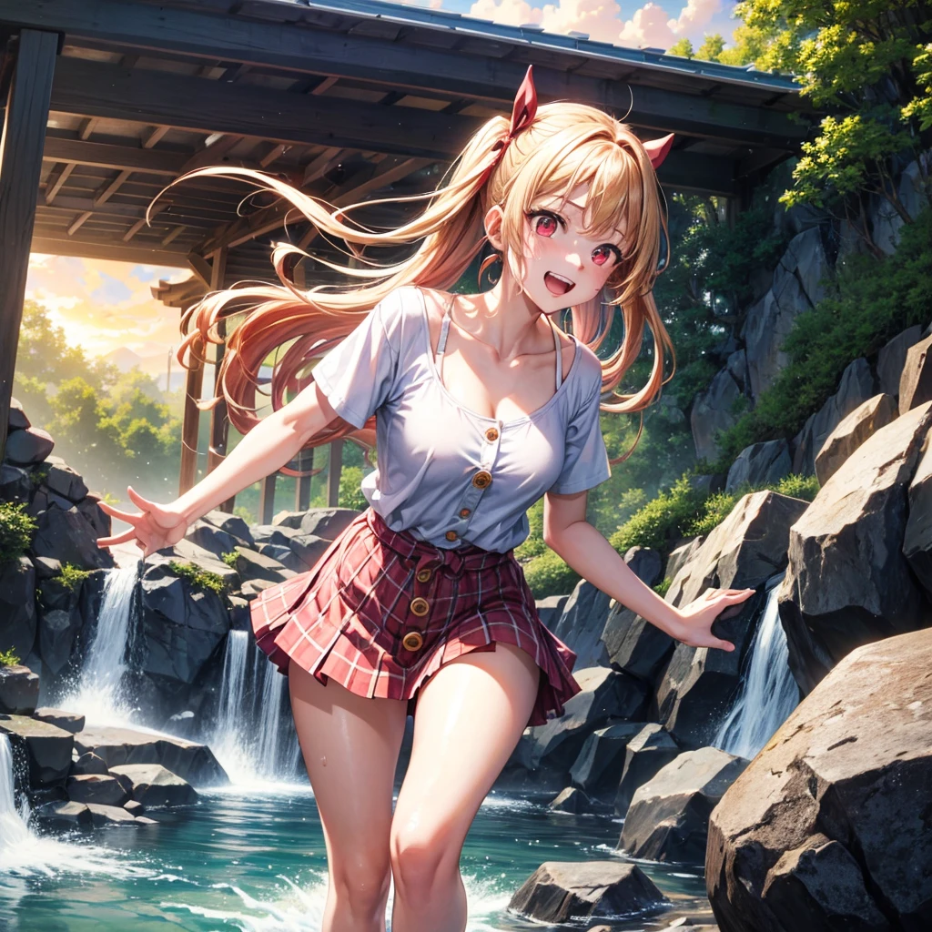 Pink gold golden hair、Red eyes、One good looking girl、solo、anime、Checkered mini skirt、The skirt has buttons、one piece、Blue camisole、White T-shirt、Jin、Wearing a ribbon、Ribbon on waist、Tilting face、Teeth are visible、waterfall、waterfallの裏側、tunnel、Sunset sky、The water surface is exploding、The rocks are exploding