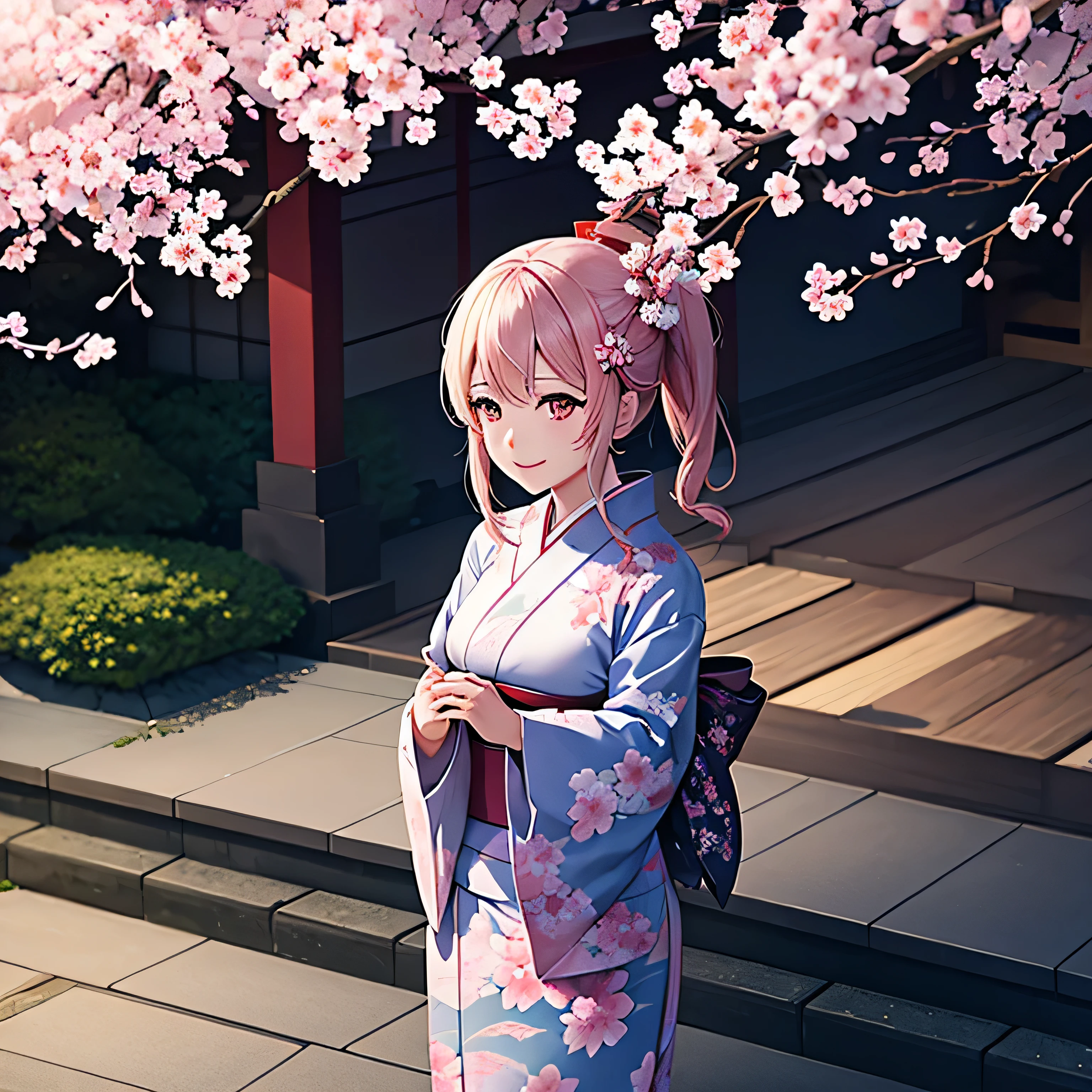 In a Japanese garden with cherry blossoms in full bloom、Please draw a beautiful woman in a kimono.。Her smile reminds me of the spring breeze、It blends in with the cherry blossoms。