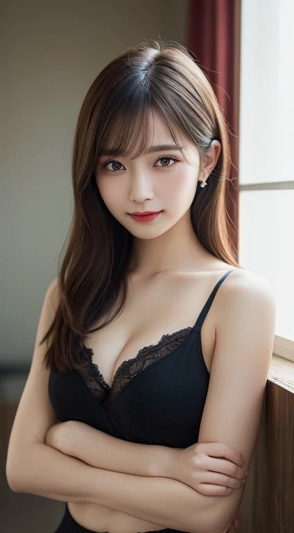 (masterpiece:1.3), (8k, Photorealistic, Raw photo, Best image quality: 1.4), Japanese 、(Random Hairstyles:1.2)、Cleavage:1.2、Super detailed face、Attention to detail、double eyelid、Put your chest together、Sharp focus:1.2、Beautiful woman:1.4、Black Hair、I can see your forehead、highest quality、masterpiece、超A high resolution、(Photorealistic:1.4)、Highly detailed and professionally lit smile、thin、Duck mouth、Serious face、Medium hair、Deadly position、Lace underwear、Red camisole