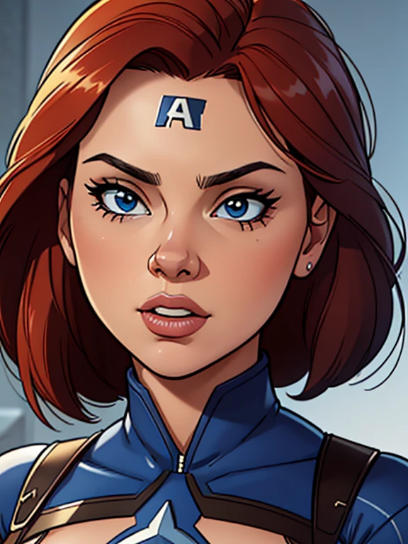 4k, best quality, (raw photo, best quality), (realistic, photorealistic photo: 1.3), best quality, Highly detailed, artwork, ultra detailed, illustration, Marvel cinematic universe, Marvel, Captain America + Widow's unique combination Black, Scarlett Johansson, Beautiful Natasha Romanova in blue and white Captain America costume without Captain America helmet, torso, high details on dress, best quality, extremely detailed 8k unified CG wallpaper, ink, Amazing, badass look, portrait, close up (skin texture), Intrinsically detailed, fine details, hyper-detailed.