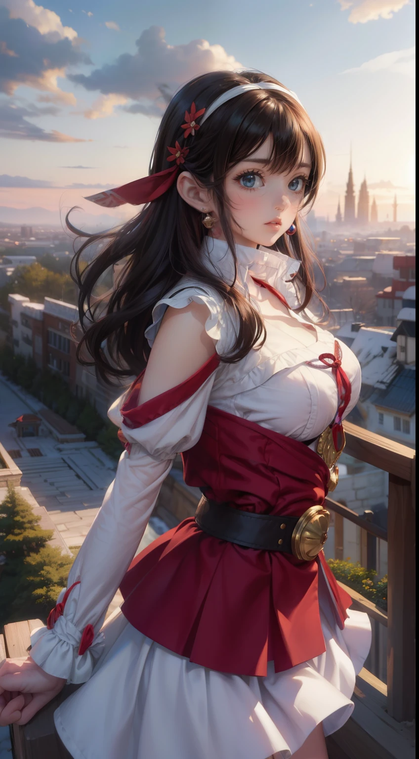 (snow whiteワイフ:1), Beautiful pose, Looking at the audience, ( dress,Luffy Sleeve:1.3), (short curly dark blue hair, Blunt bangs,Red hair band with ribbon)
(Realistic: 1.2), (realism), (masterpiece: 1.2), (highest quality), (Super detailed), (8k, 4K, Complex), (full body shot: 1), (85mm), Particles of light, Lighting, (Very detailed: 1.2), (Detailed face: 1.2), (Gradation), SFW, colorful, (Fine grain: 1.2), snow white
(Detailed landscape, garden, plant, city: 1.2), (Detailed Background), Detailed landscape, (Dynamic Angle: 1.2), (Dynamic pose: 1.2), (The rule of thirds_composition: 1.3), (Course of action: 1.2), Wide Shot, Dawn, soil, Blunt bangs, Purple eyes,Black Hair,Soft red lips,White skin、Second dimension beautiful girl、Big Breasts、Slender figure、Sexy look、Smiling