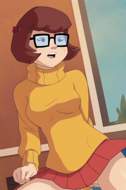 (8k, RAW photo, best quality, masterpiece:1.2), (intricate details), (best quality), (highres), ((perfect eyes)), perfect face, perfect lighting, vivid colors, intense colors, 1girl, cartoon style, velmadinkley,  glasses, orange sweater, solo, upskirt focus view, orange striped panties, wet panties, skirt lift, panties close focus, under view, cameltoe, standing, spread legs, ass, front view,