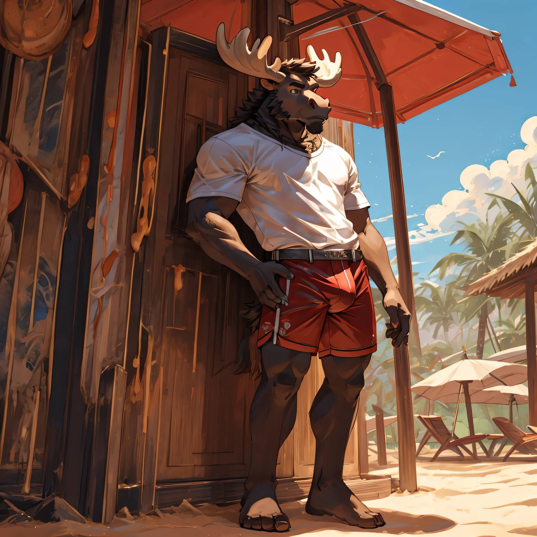 Solo, male, moose, , young, tall, lean, full-body view, beach, wearing only shorts and t-shirt, big bulge