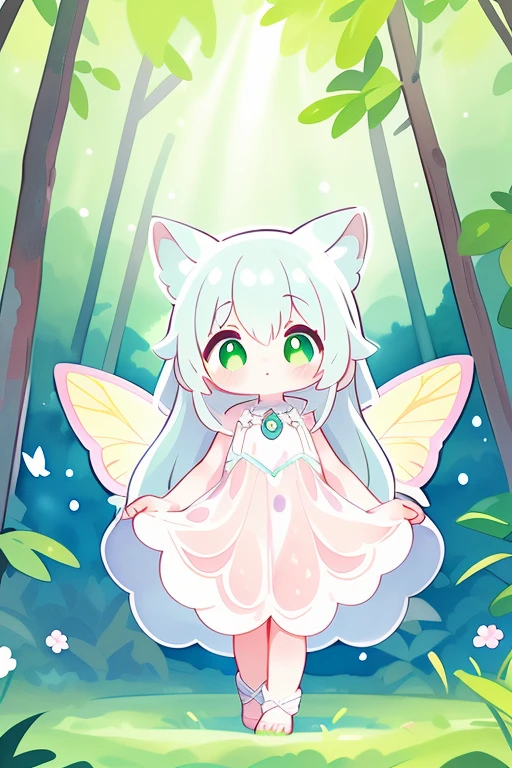 One girl, alone, Are standing, Mysterious, Watercolor style, pastel colour, long flowing hair, forest, Magical atmosphere, Fairy Wings, Natural ornaments, Green Eyes, Calm expression, corolla, Ankle-length gown, Breeze, Speckled sunlight, butterfly, enchanted forest background, Mysterious Aura.