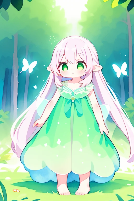One girl, alone, Are standing, Mysterious, Watercolor style, pastel colour, long flowing hair, forest, Magical atmosphere, Fairy Wings, Natural ornaments, Green Eyes, Calm expression, corolla, Ankle-length gown, Breeze, Speckled sunlight, butterfly, enchanted forest background, Mysterious Aura.