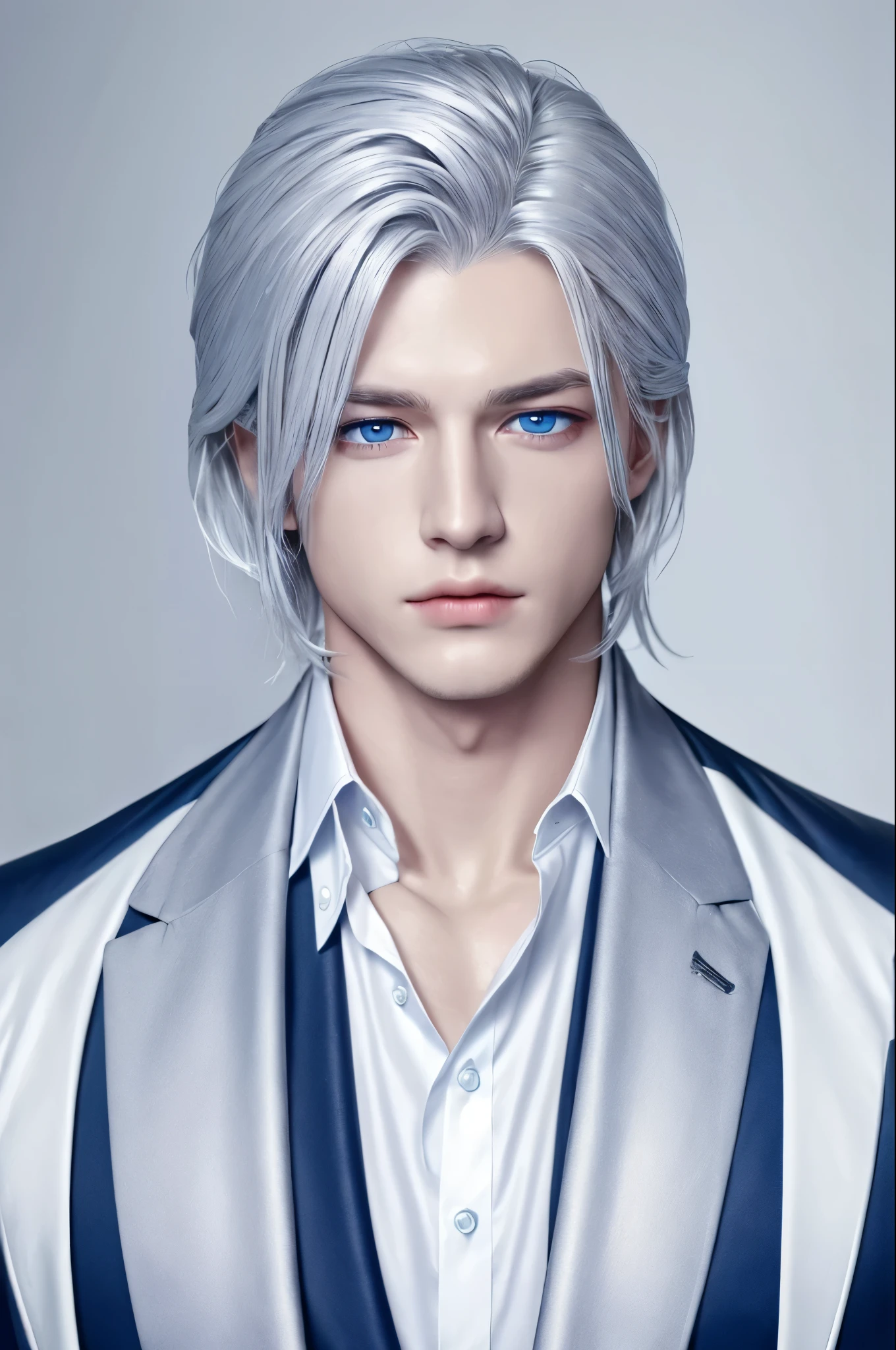 Boy, silver hair, blue eyes, serious sharp features, white skin, shirt, jacket